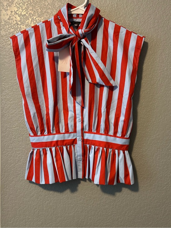 Zara Tops - Zara Red and Light Blue Striped Tie-Neck Sleeveless Blouse